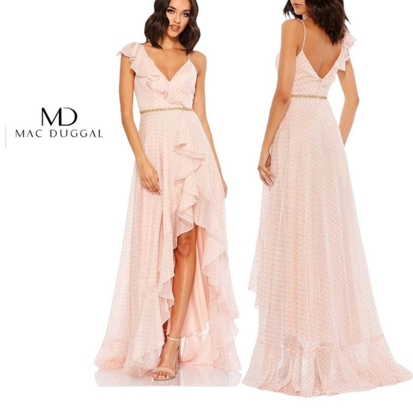 Mac Duggal Dresses & Skirts - MAC DUGGAL Pink Salmon Polka Dot Asymmetrical Ruffle Formal Maxi Gown Size 8